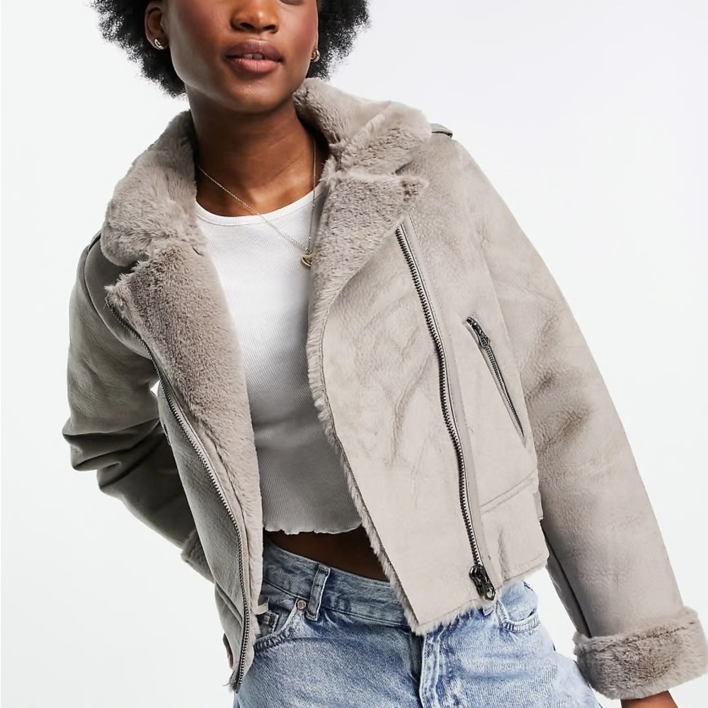Stradivarius Faux Leather Short Aviator Jacket in gray